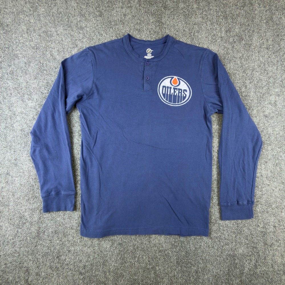NHL Edmonton Oilers Mens Navy Blue Long Sleeve Henley Shirt Distressed Logo M